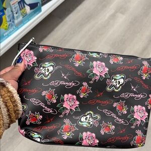 Ed Hardy Black and Pink Skull Floral Cosmetic Bag